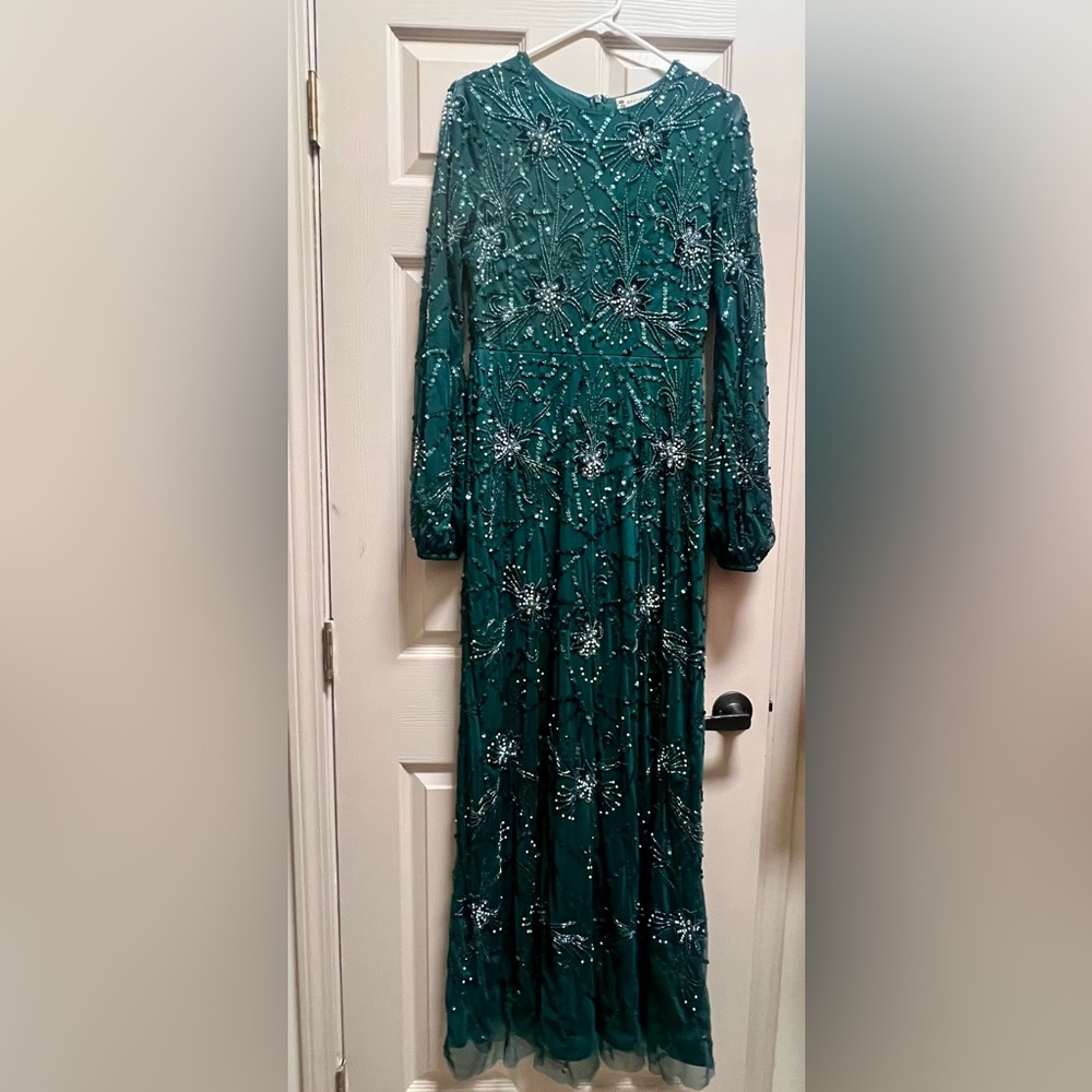 Emerald Green Sequined Embellished Maxi Long Sleeve Dress